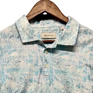 Bugatchi Mens Polo Shirt  Sz L Turquoise Tropical Palm Leaf 8-Way Stretch Basic